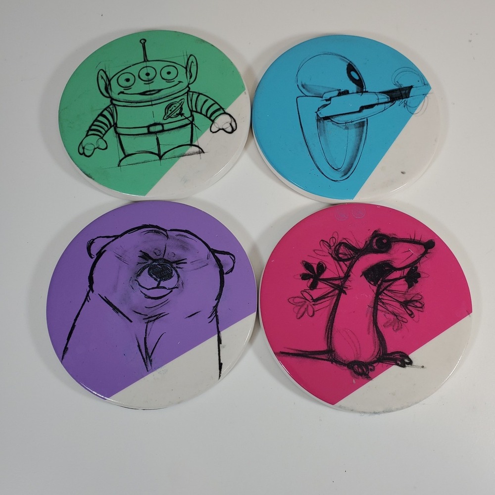 Disney Pixar Sketch Art Ceramic Coasters Set of Four Alien Remy Eve Queen Elinor